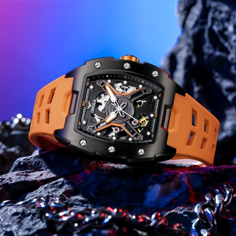Men's sporty automatic mechanical watch with orange silicone strap and orange hands