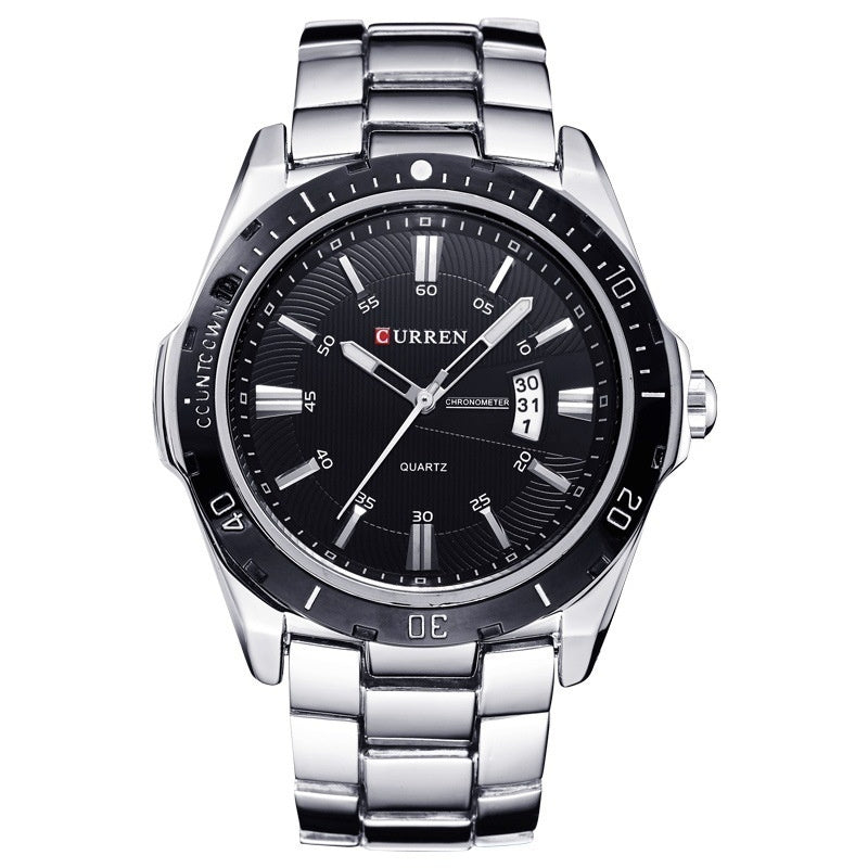 Men's casual quartz watch with black dial and silver steel band, date display at 3