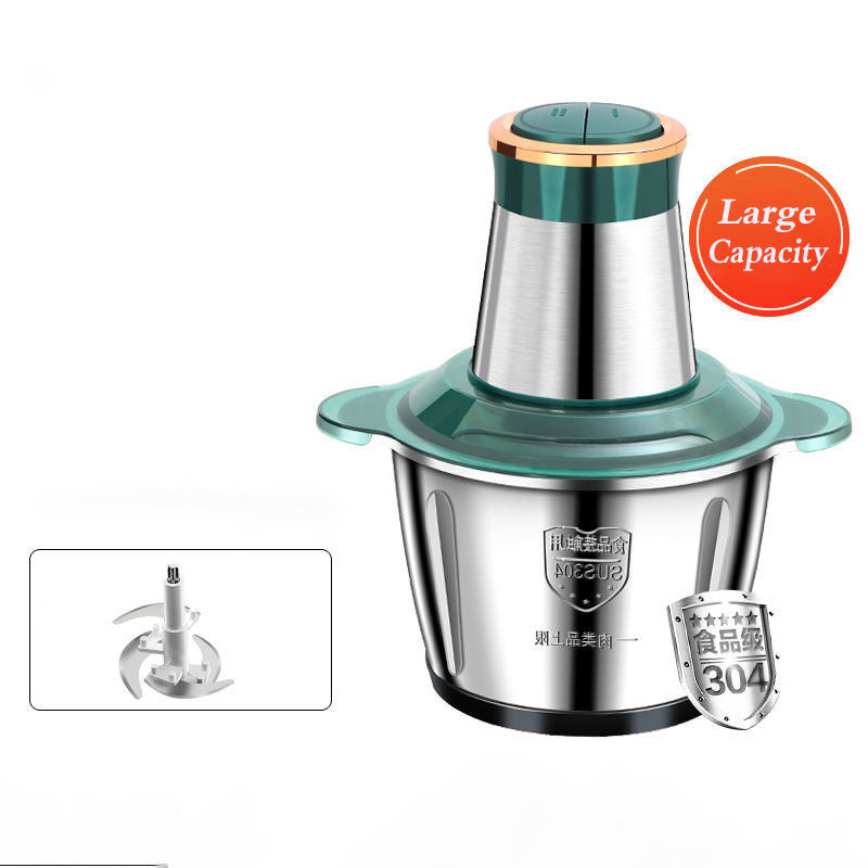 Stainless steel meat blender with large capacity, teal cap, and viewing-angle angle