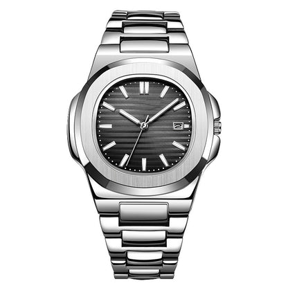 Silver wristwatch with a black face on a white background