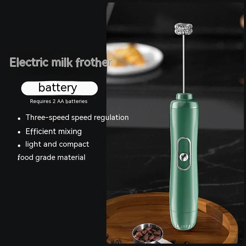 Green electric milk frother with whisk head, battery powered for milk froth