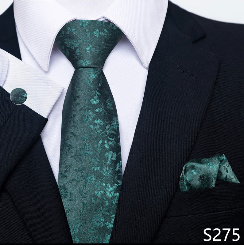 Men's formal tie, pocket square, and cufflink set with green floral jacquard tie