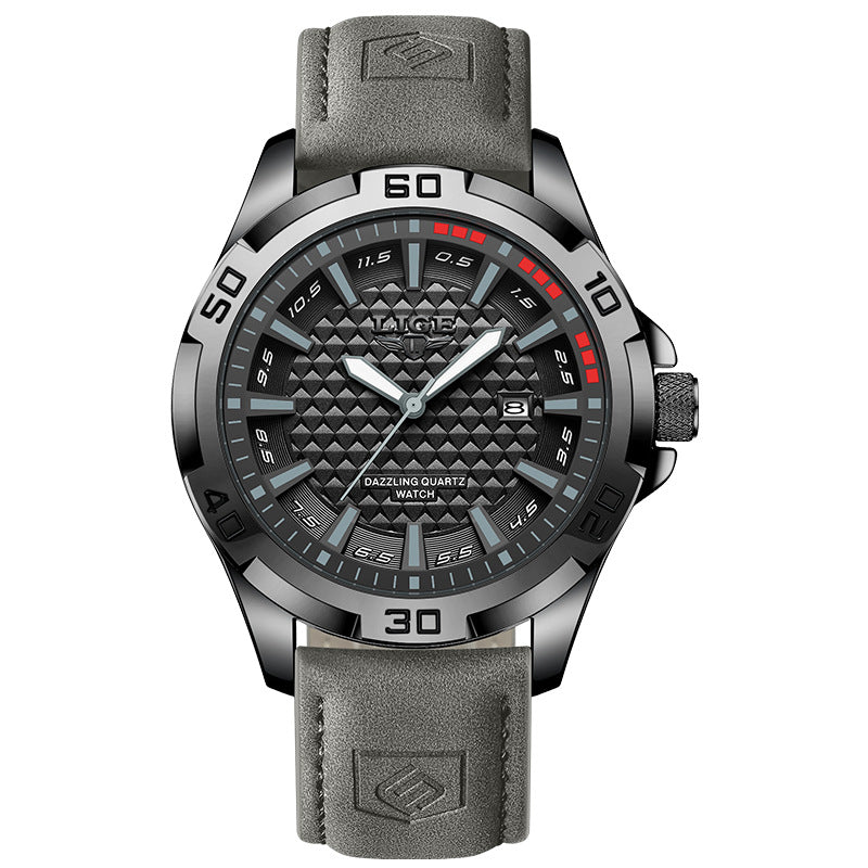 Men's quartz wristwatch with dark gray textured dial, red markers, and gray leather strap
