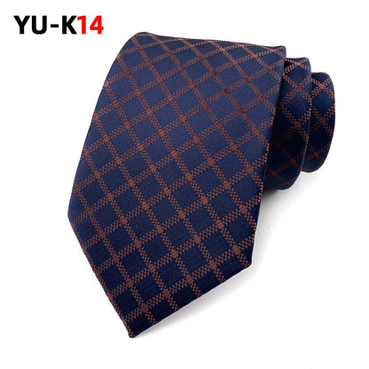 Navy blue tie with brown checkered pattern on a white background