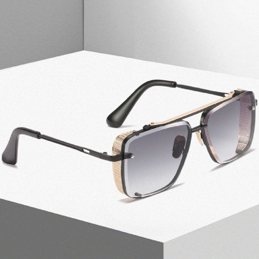 Unisex retro metal mesh edge sunglasses with dark frame and gray tinted lenses.