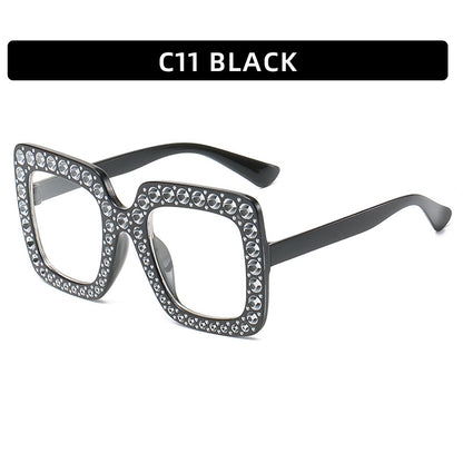 Women's square rhinestone sunglasses, black frame with clear lenses