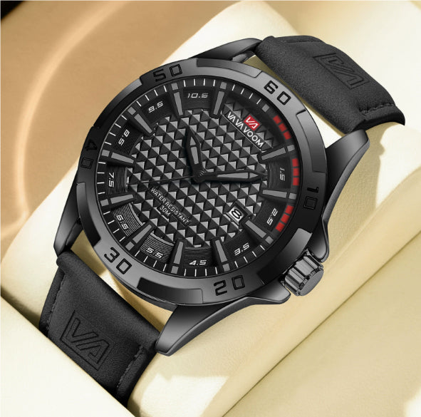 Black sporty dial quartz watch with textured strap, rotating bezel, and red accents
