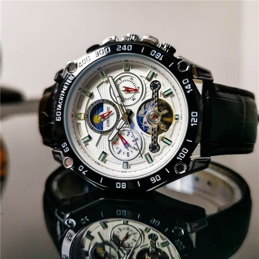 Men's automatic mechanical watch with black dial and black leather strap