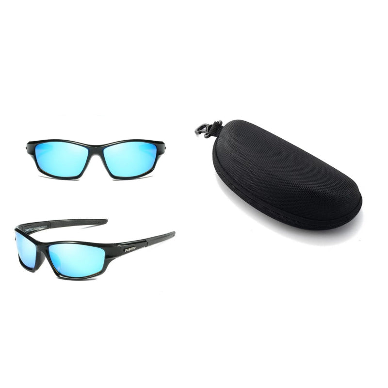 Polarized sports sunglasses with black frames and blue lenses, side and front views