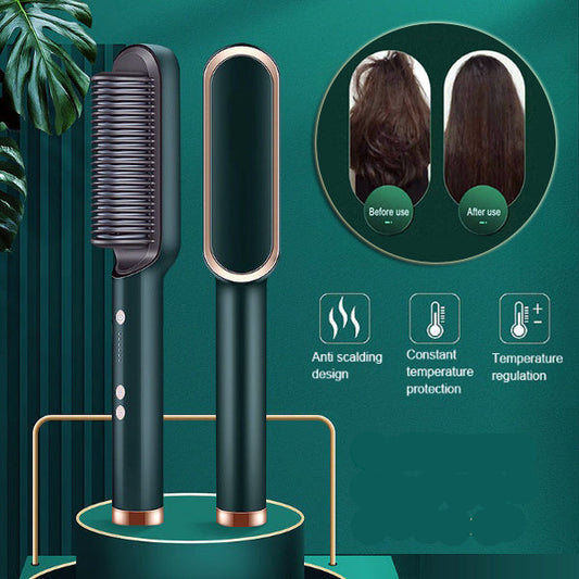 Hair styling tool with bristle brush and handle on a green background