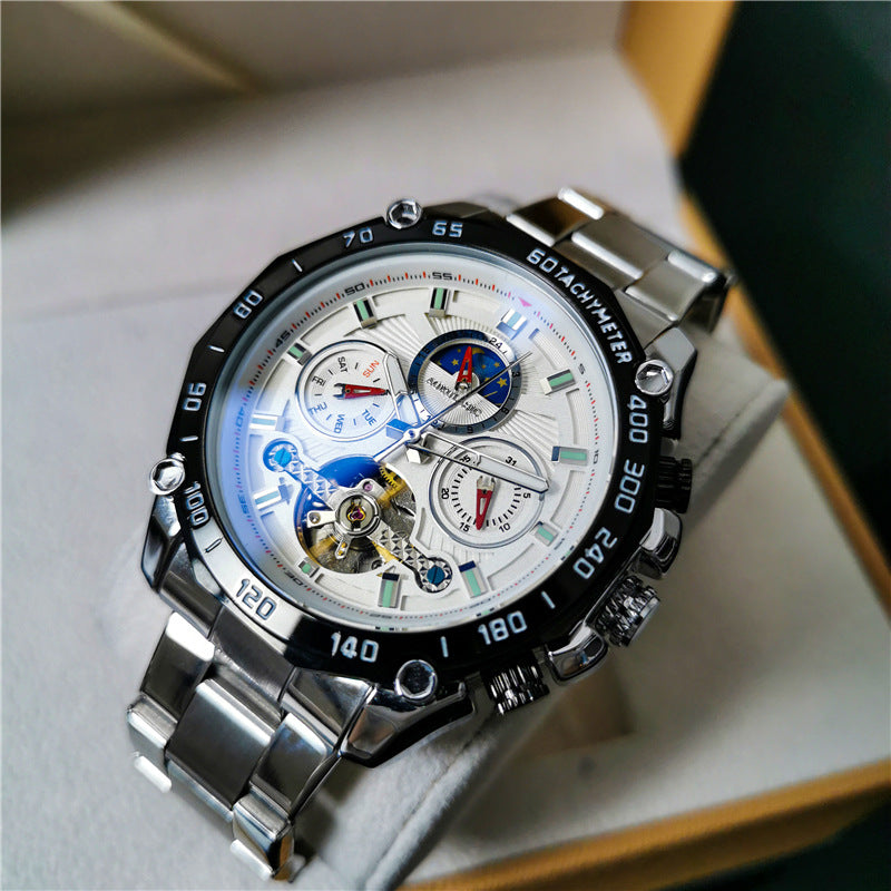Men's automatic mechanical watch with white and blue dial on silver metal bracelet