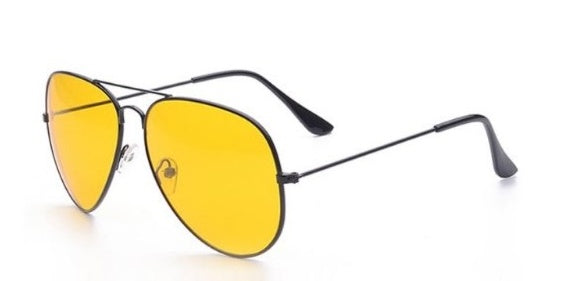 Unisex sunglasses with black frame and yellow mirrored lenses, oval shape.