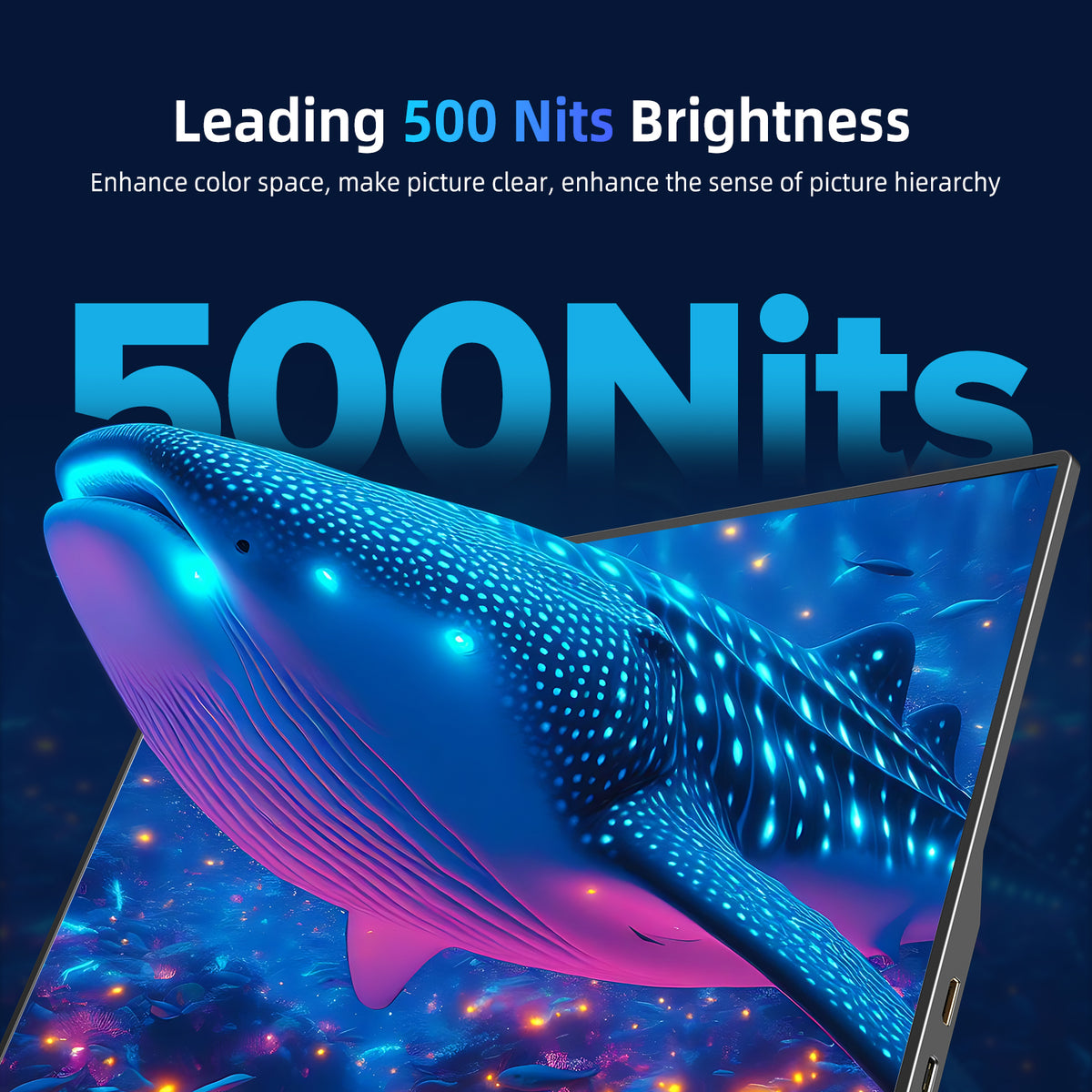 Portable monitor showing vivid 500 nits brightness display with blue artwork