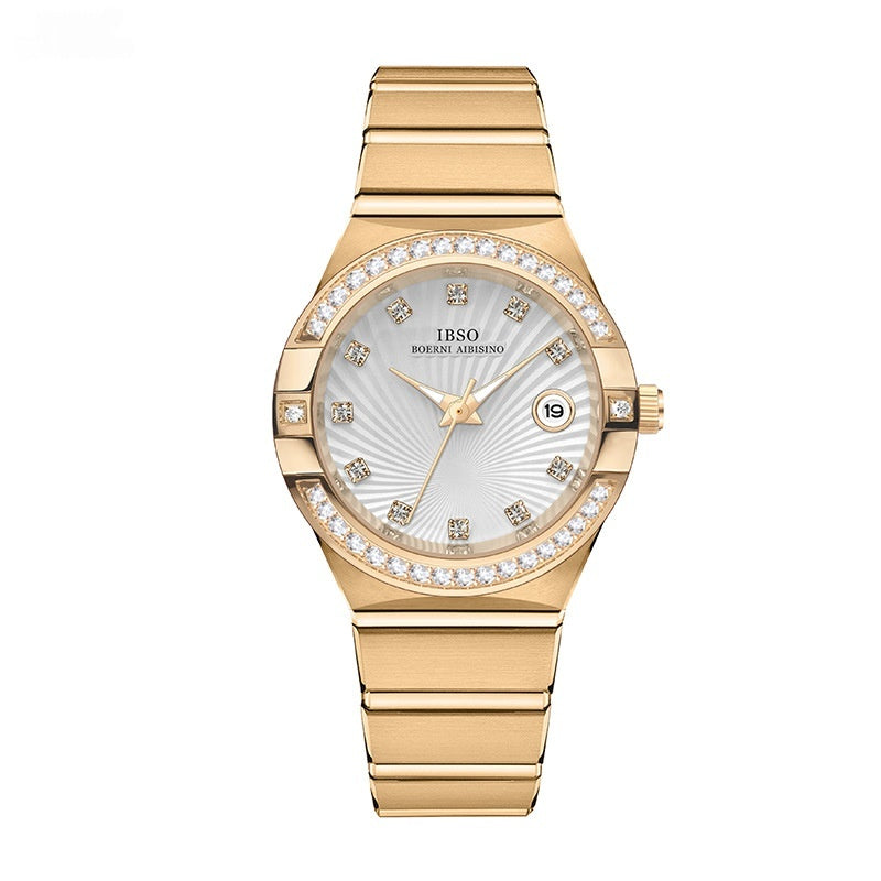 Women's diamond quartz watch, gold-tone case and bracelet, white dial, gem bezel