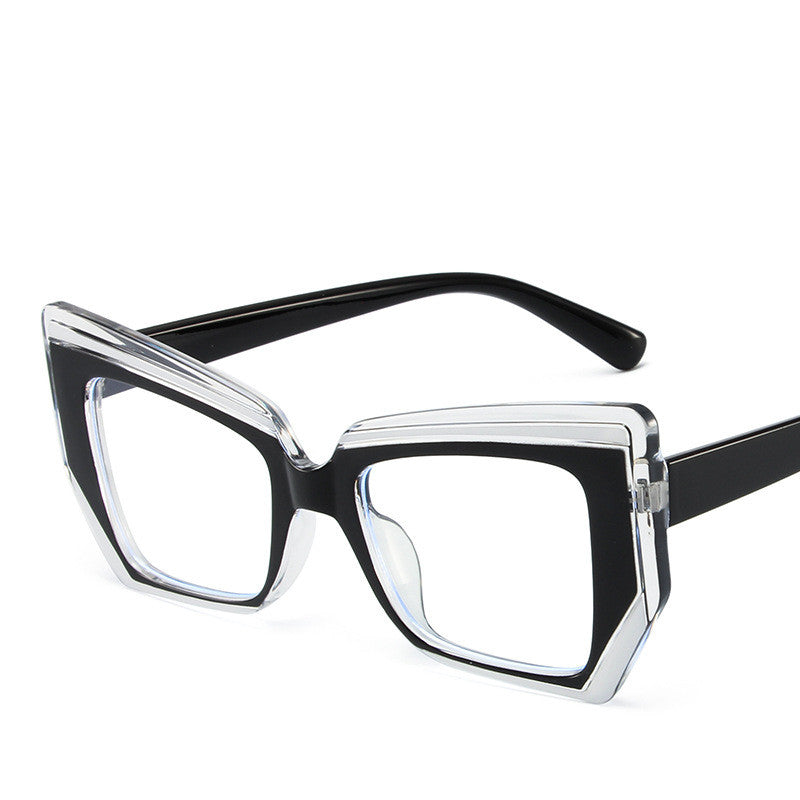 Retro square anti-blue glasses with black frame, clear lenses, and glossy contrast edges.