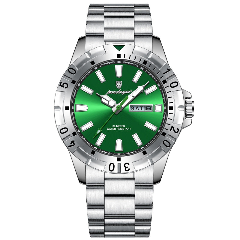 Silver watch with green face on a white background, featuring the Poedagar brand.
