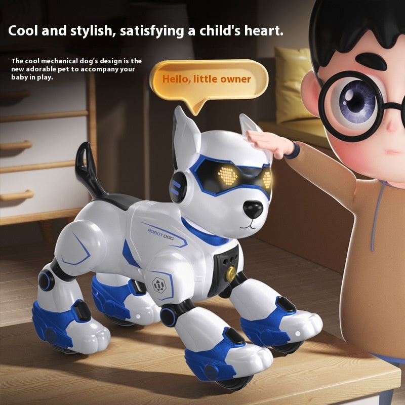Toy robot dog with a child pointing at it, on a wooden floor.
