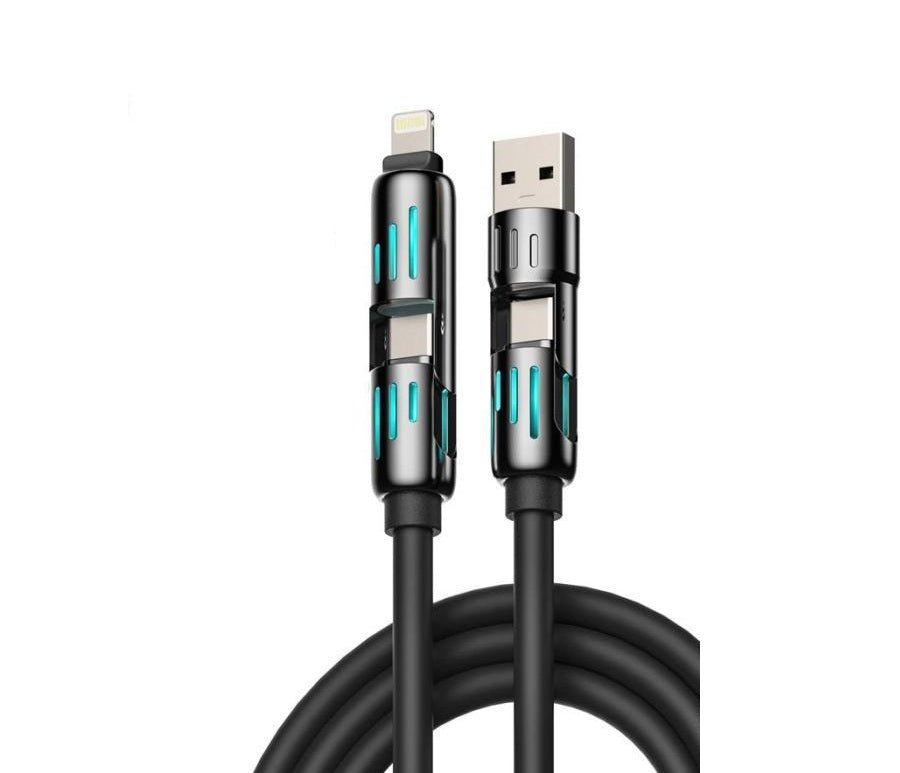 Black multi-connector charging cable with upright USB-A and Lightning plugs