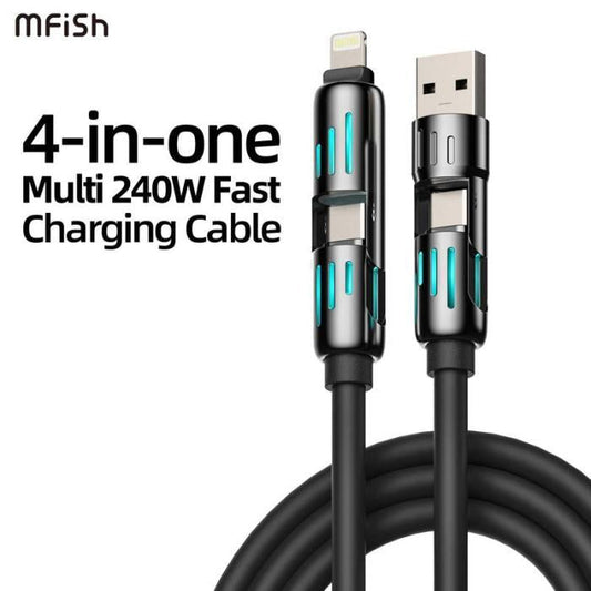 Black multi-charging cable with USB-A and Lightning ends and teal light strips