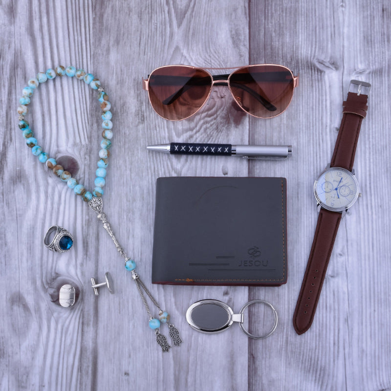 Men's accessory set with brown and blue sunglasses, watch, wallet, keychain, and glasses chain