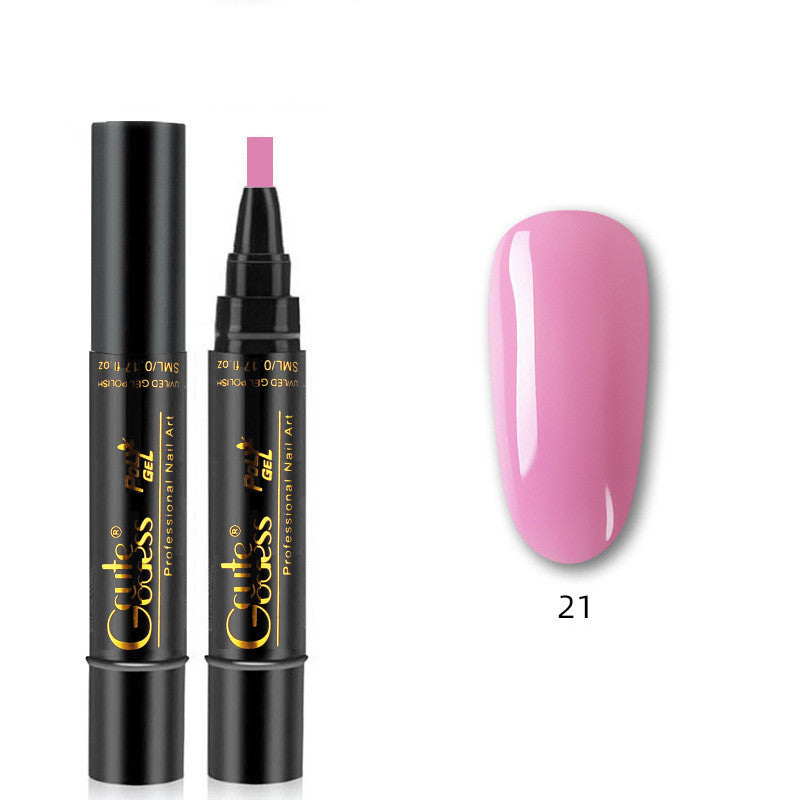 Light pink nail glue pen with applicator tip and pink nail swatch, shade 21