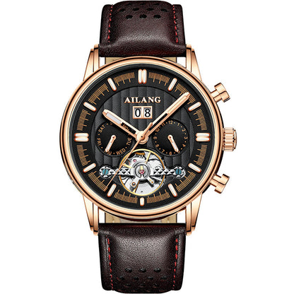 Luxury watch with black leather strap and rose gold case on a white background