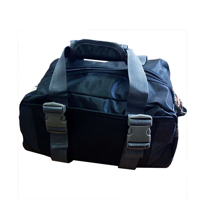 Yoga gym bag in dark navy with gray buckled straps and side zipper