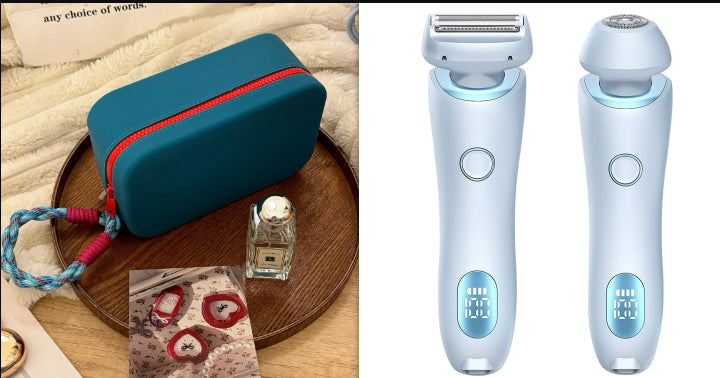 Light blue women’s epilator with dual heads and travel pouch with cord