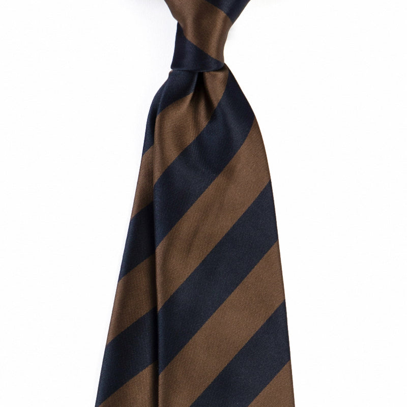 Men's tie in navy with tan and brown diagonal stripe bands