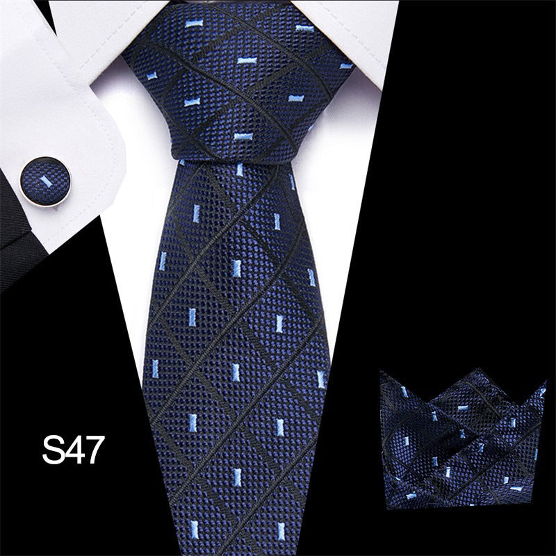 Men's business necktie, navy blue with repeating small square dot pattern
