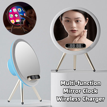 Multi-function mirror clock with wireless charging feature on a gray background
