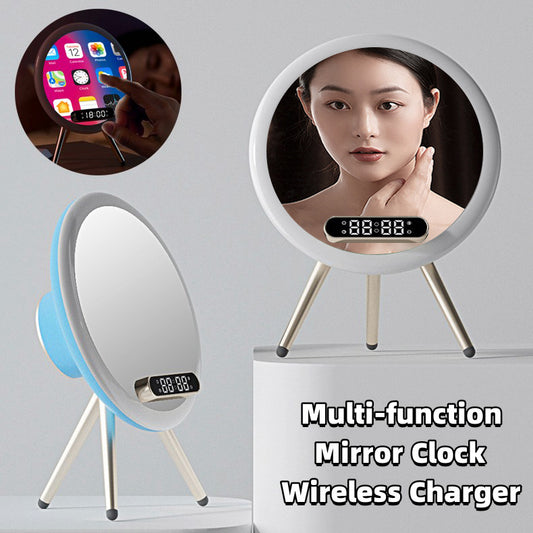 Multi-function mirror clock with wireless charging feature on a gray background