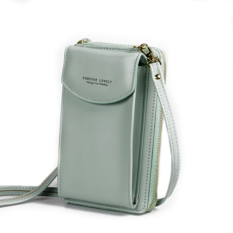 Light mint PU leather crossbody wallet bag with front flap and side zipper