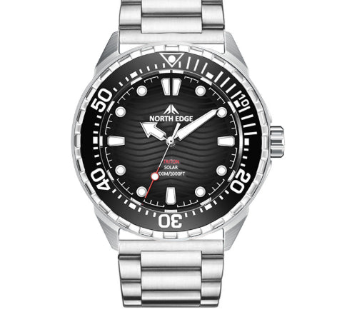 Solar dive watch with black dial and silver stainless steel bracelet, sport bezel