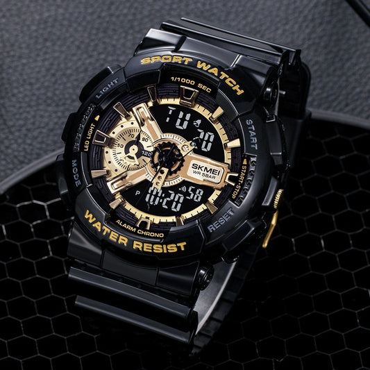 Black and gold sports watch with digital and analog display on a dark textured background