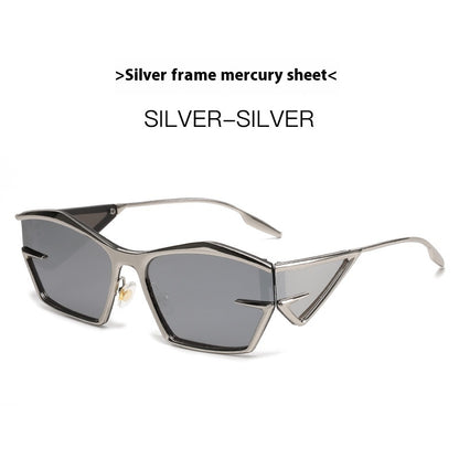 Silver frame fashion sunglasses with dark gray angular lenses and slim metal arms