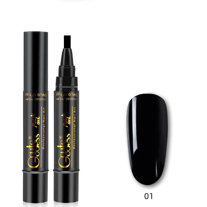 Nail glue pen with black cap and black gel swatch labeled 01