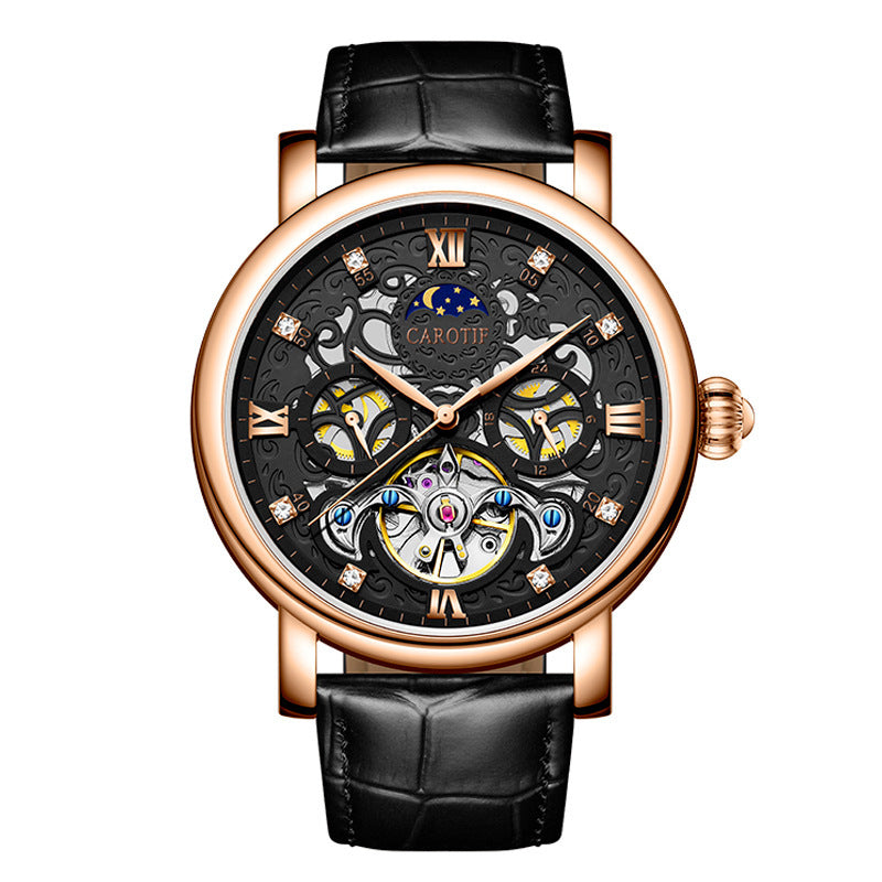 Luxury watch with black leather strap and rose gold case on a white background