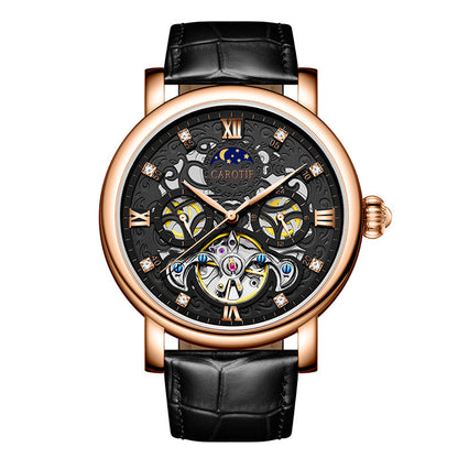 Luxury watch with black leather strap and rose gold case on a white background