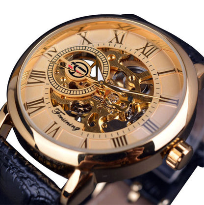Gold wristwatch with visible mechanism on a white background