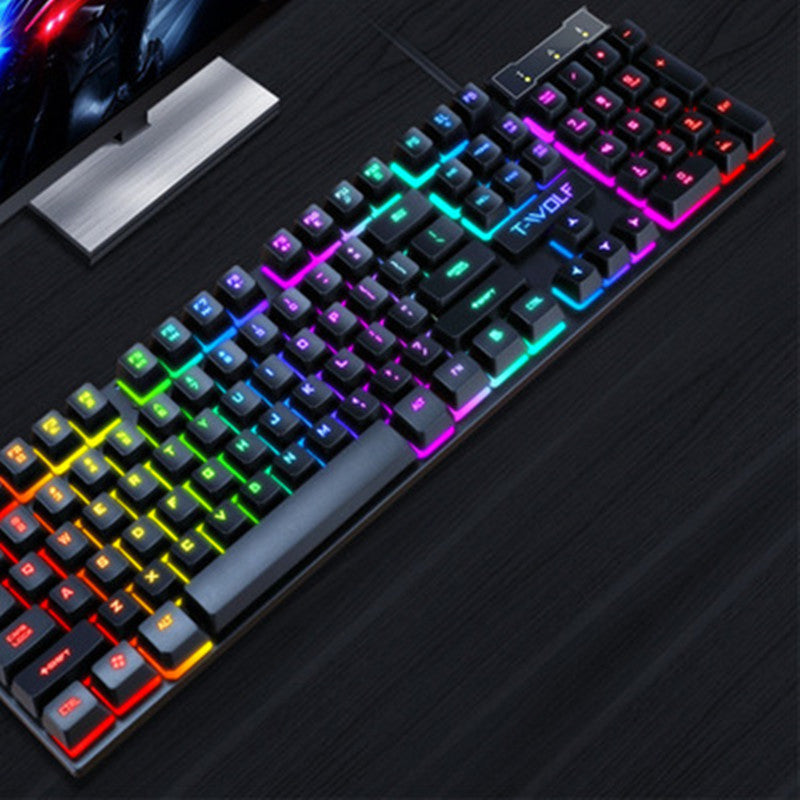 RGB wired gaming keyboard angled view with rainbow backlit keys and logo