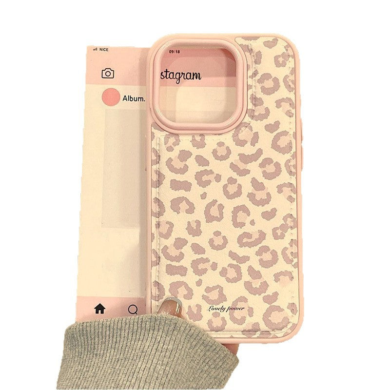 Pink leopard-print phone case with clear bumper and camera lens cutout