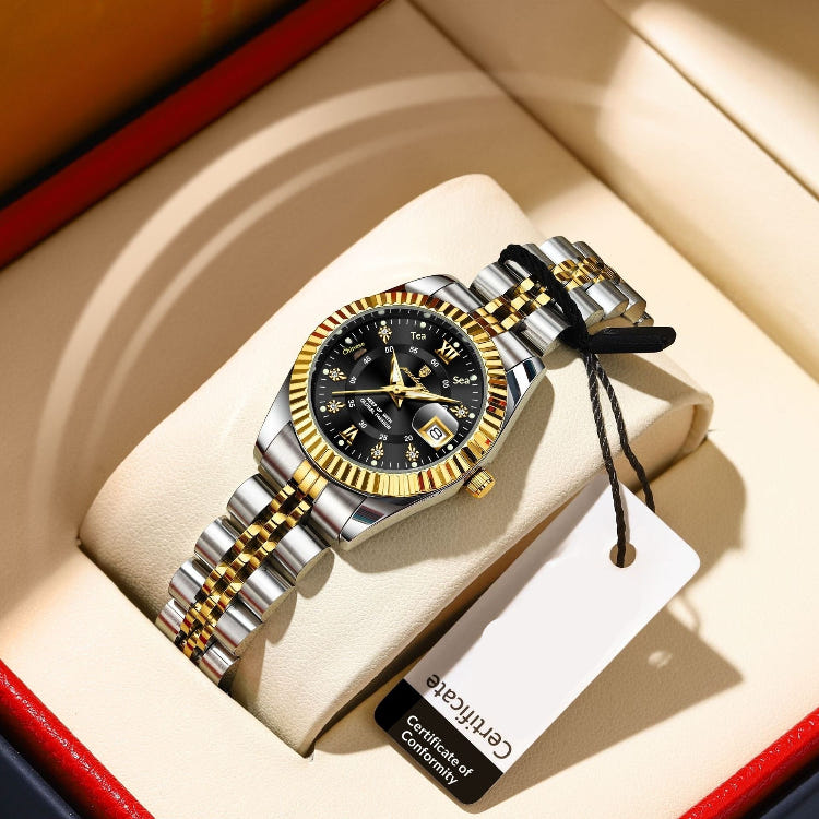 Women's quartz wristwatch with black dial and two-tone stainless bracelet