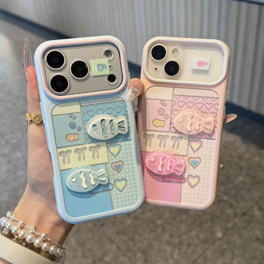 Color-block iPhone case set: pale blue and pink with hearts and raised 3D fish