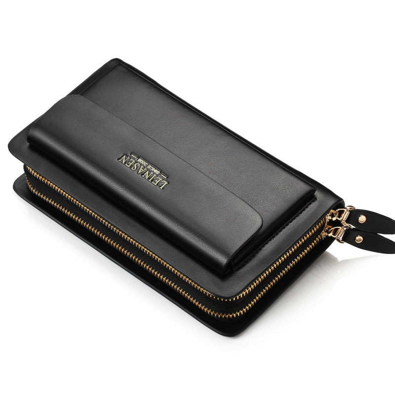 Black leather phone wallet handbag with gold zip trim and detachable strap