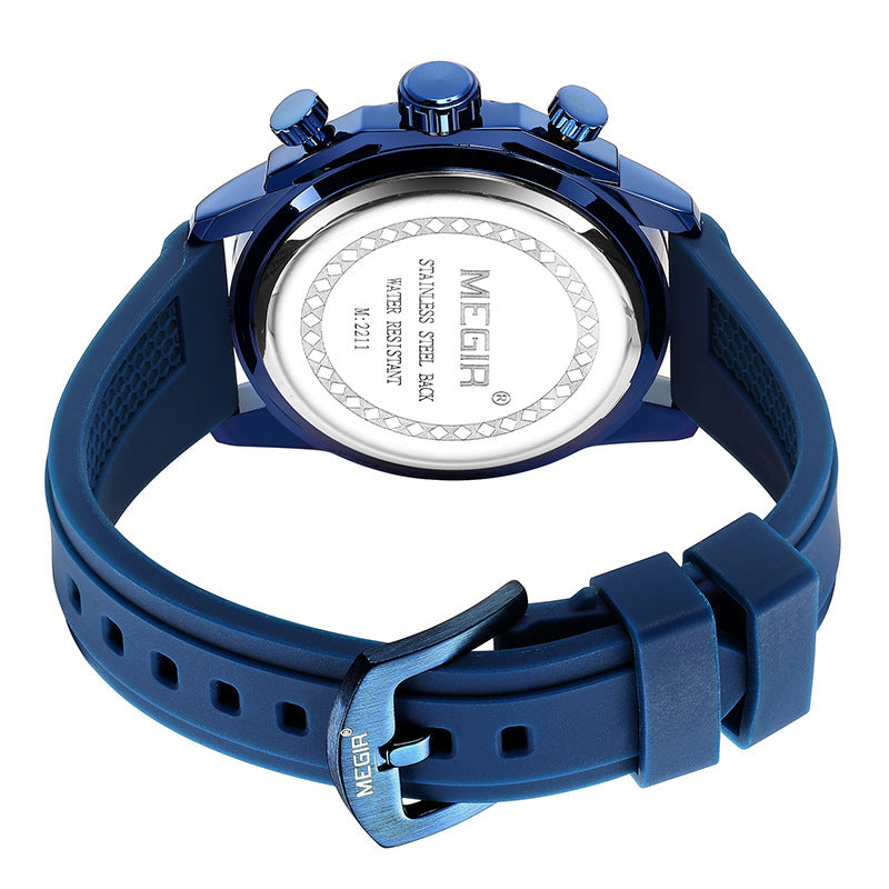 Men's sport quartz watch with blue silicone strap and blue case back, water-resistant look