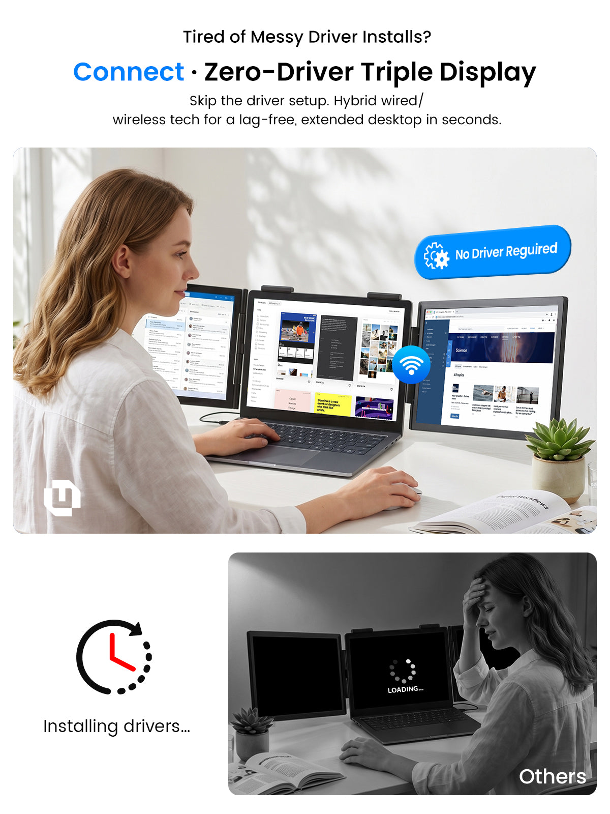 Triple display wireless monitor showing three screens with driver-free setup icons