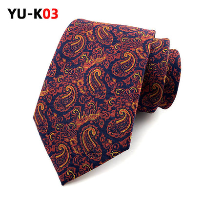 Red and orange paisley patterned tie on a white background with 'YU-K03' branding.