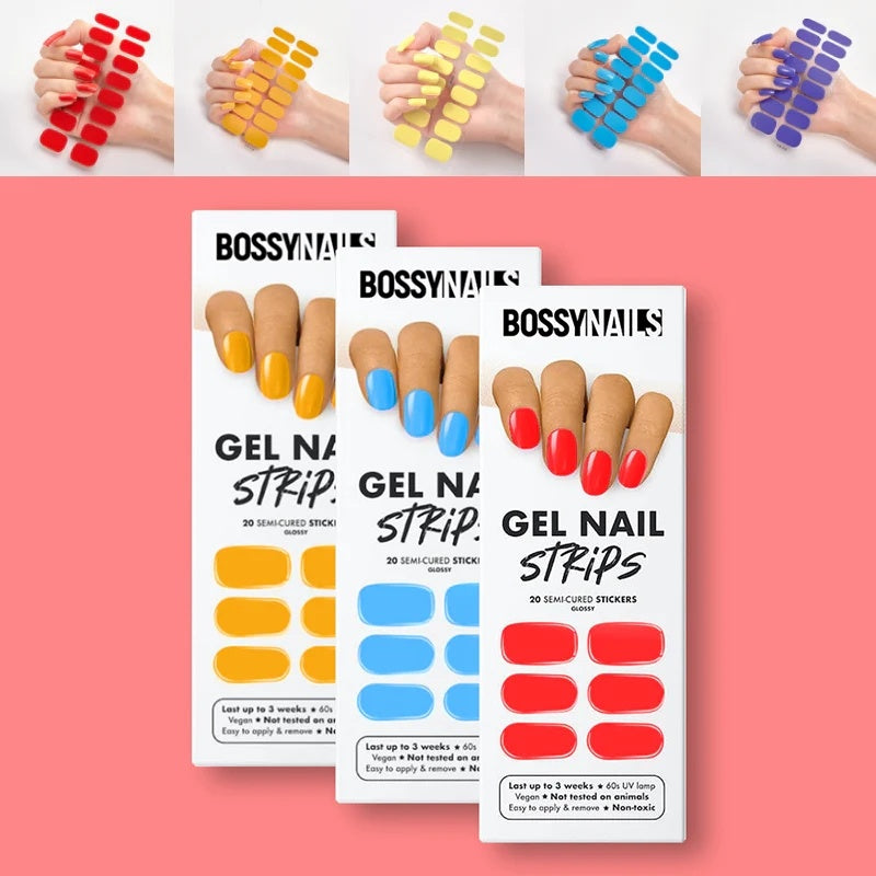 Nail sticker wraps set with colorful press-on style nail strips shown in boxed packs