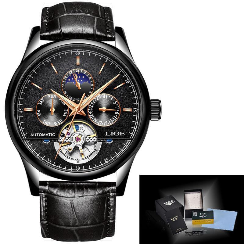 Black wristwatch with detailed face and leather strap, LIGE brand, with packaging inset.